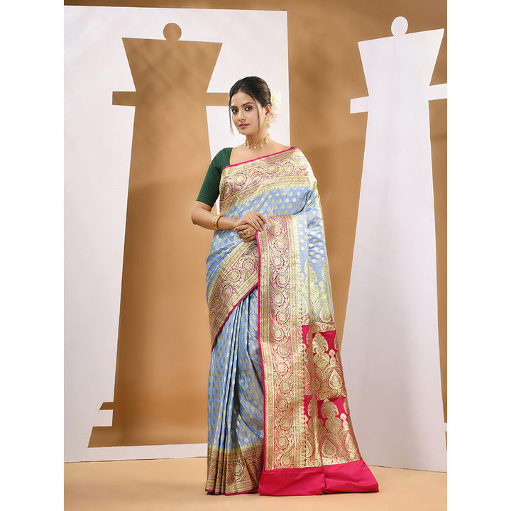 CHARUKRITI Baby Blue Katan Silk Banarasi Saree with Unstitched Blouse