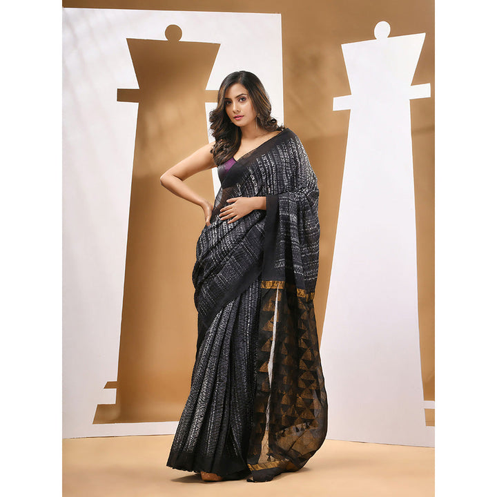 CHARUKRITI Black White Matka Handwoven and Shibori Print Saree with Unstitched Blouse