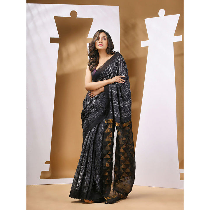 CHARUKRITI Black White Matka Handwoven and Shibori Print Saree with Unstitched Blouse