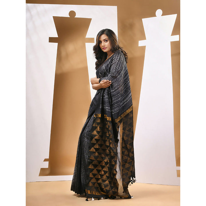 CHARUKRITI Black White Matka Handwoven and Shibori Print Saree with Unstitched Blouse