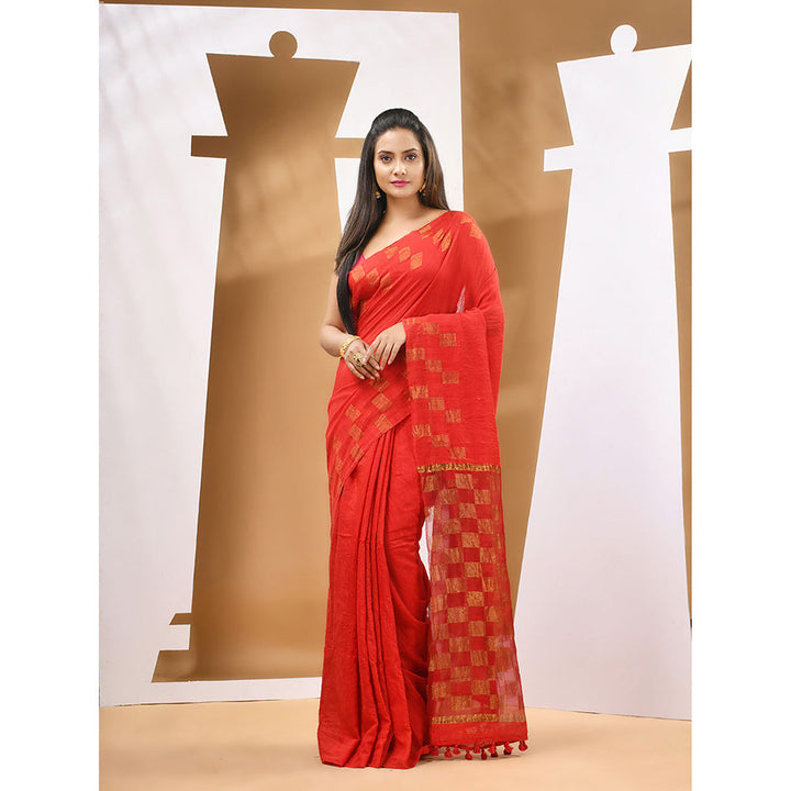 CHARUKRITI Red Matka Handwoven Saree With Zari Border with Unstitched Blouse