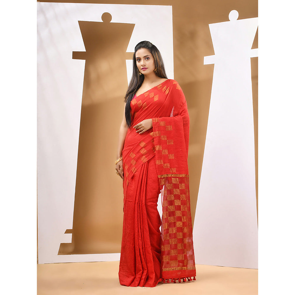 CHARUKRITI Red Matka Handwoven Saree With Zari Border with Unstitched Blouse