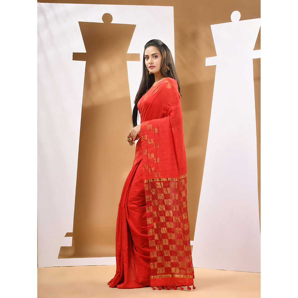 CHARUKRITI Red Matka Handwoven Saree With Zari Border with Unstitched Blouse