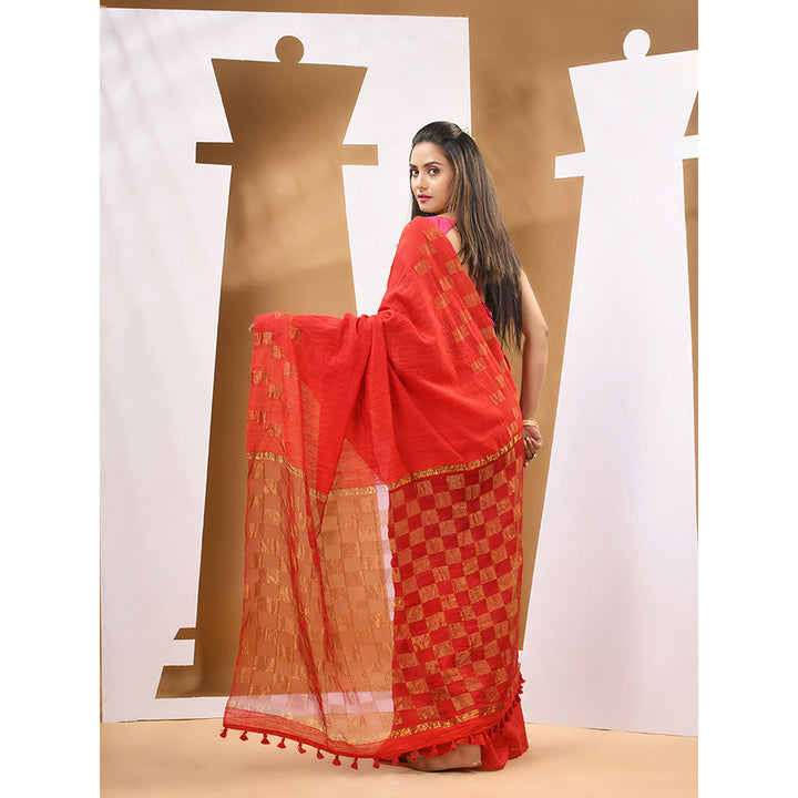 CHARUKRITI Red Matka Handwoven Saree With Zari Border with Unstitched Blouse