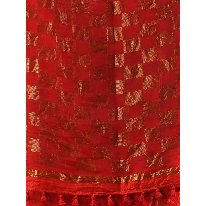 CHARUKRITI Red Matka Handwoven Saree With Zari Border with Unstitched Blouse