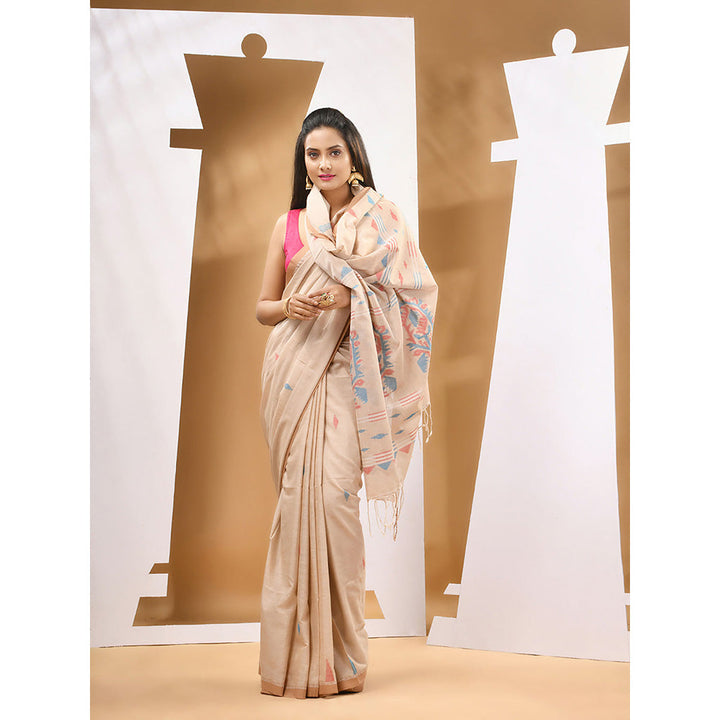 CHARUKRITI Light Beige Cotton Handwoven Woven Saree with Unstitched Blouse