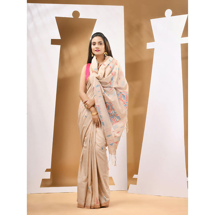 CHARUKRITI Light Beige Cotton Handwoven Woven Saree with Unstitched Blouse