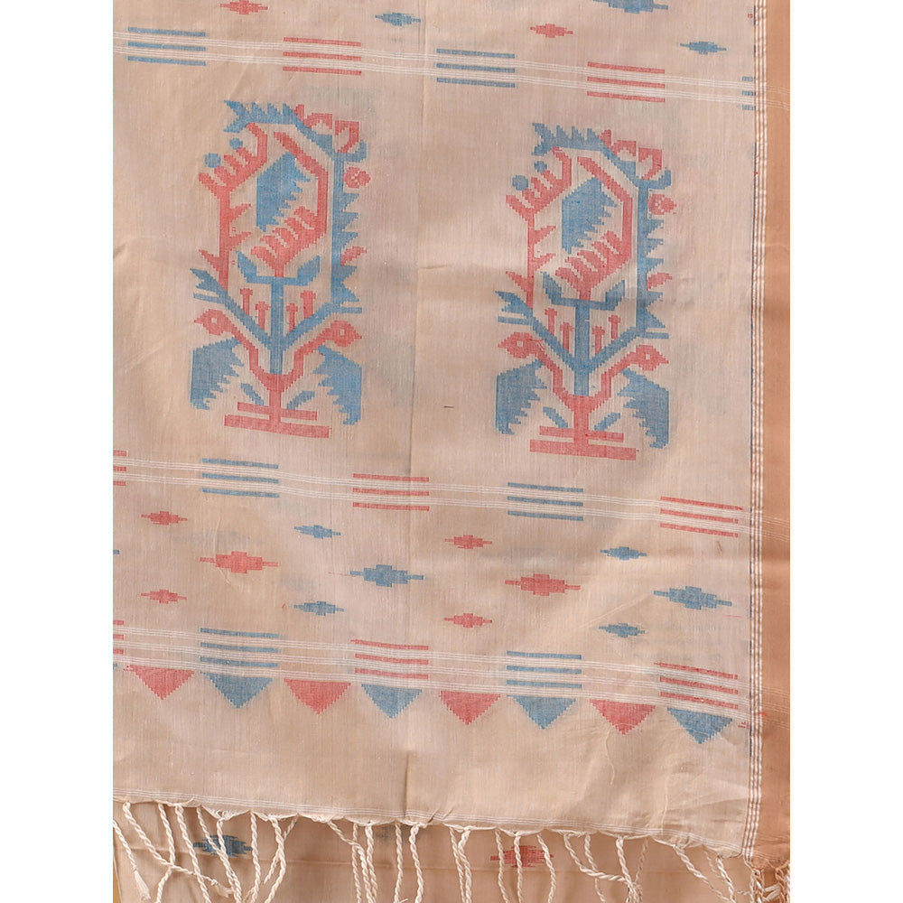 CHARUKRITI Light Beige Cotton Handwoven Woven Saree with Unstitched Blouse