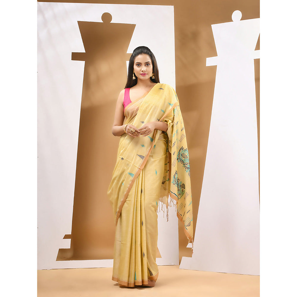 CHARUKRITI Light Yellow Cotton Handwoven Woven Saree with Unstitched Blouse