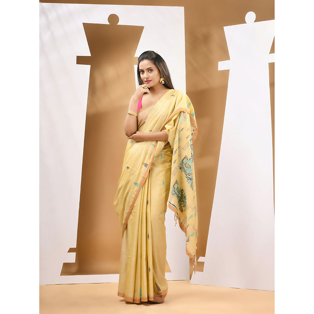 CHARUKRITI Light Yellow Cotton Handwoven Woven Saree with Unstitched Blouse