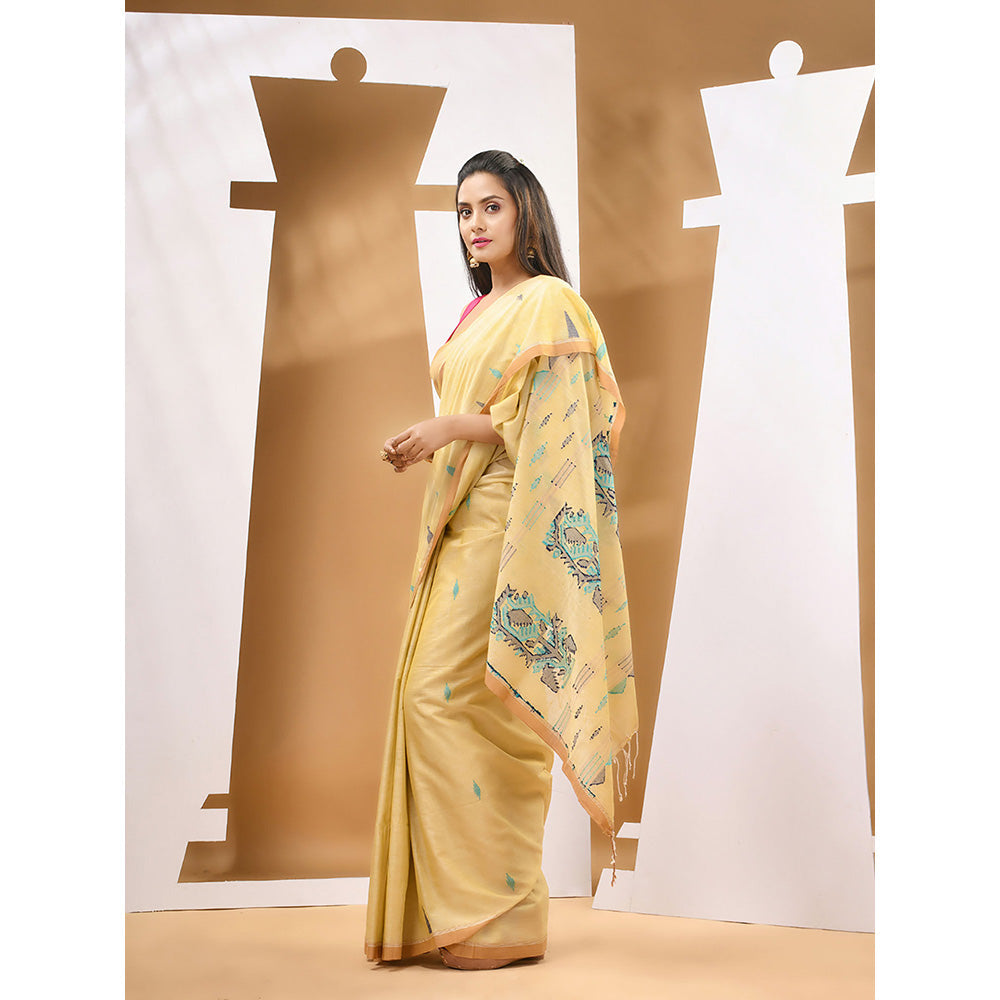 CHARUKRITI Light Yellow Cotton Handwoven Woven Saree with Unstitched Blouse