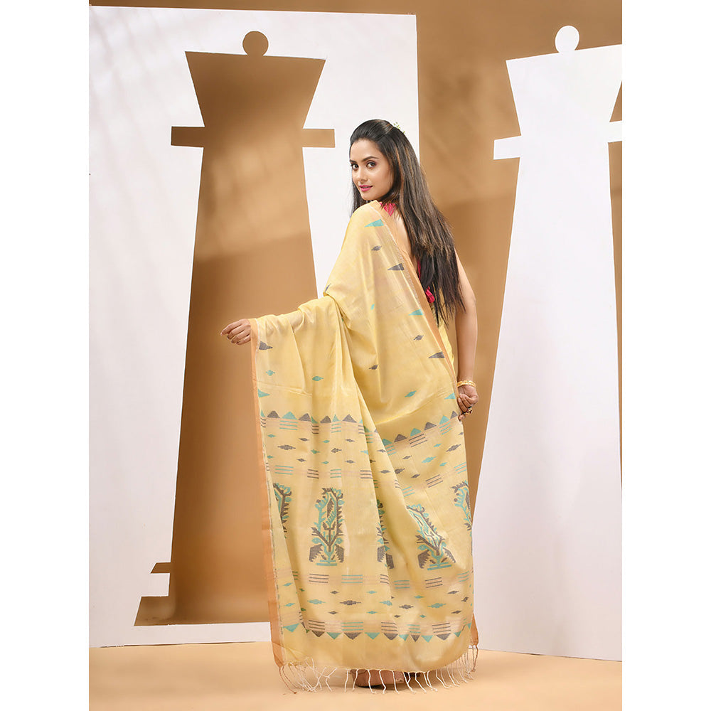 CHARUKRITI Light Yellow Cotton Handwoven Woven Saree with Unstitched Blouse