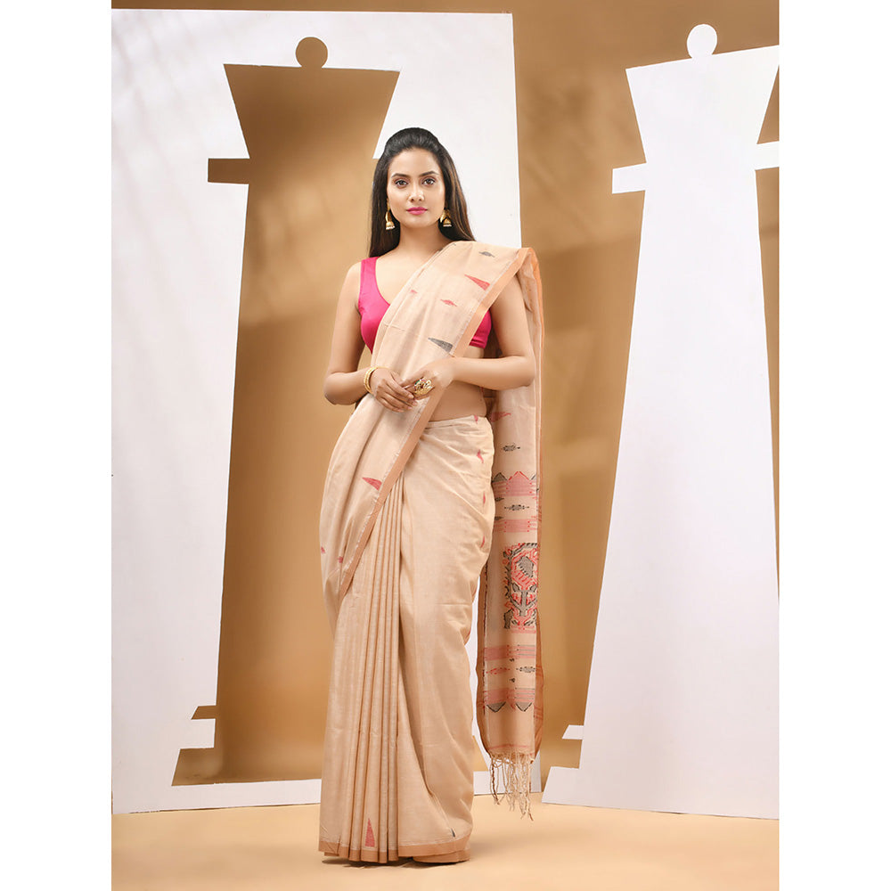 CHARUKRITI Beige Cotton Handwoven Woven Saree with Unstitched Blouse