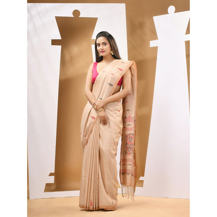 CHARUKRITI Beige Cotton Handwoven Woven Saree with Unstitched Blouse