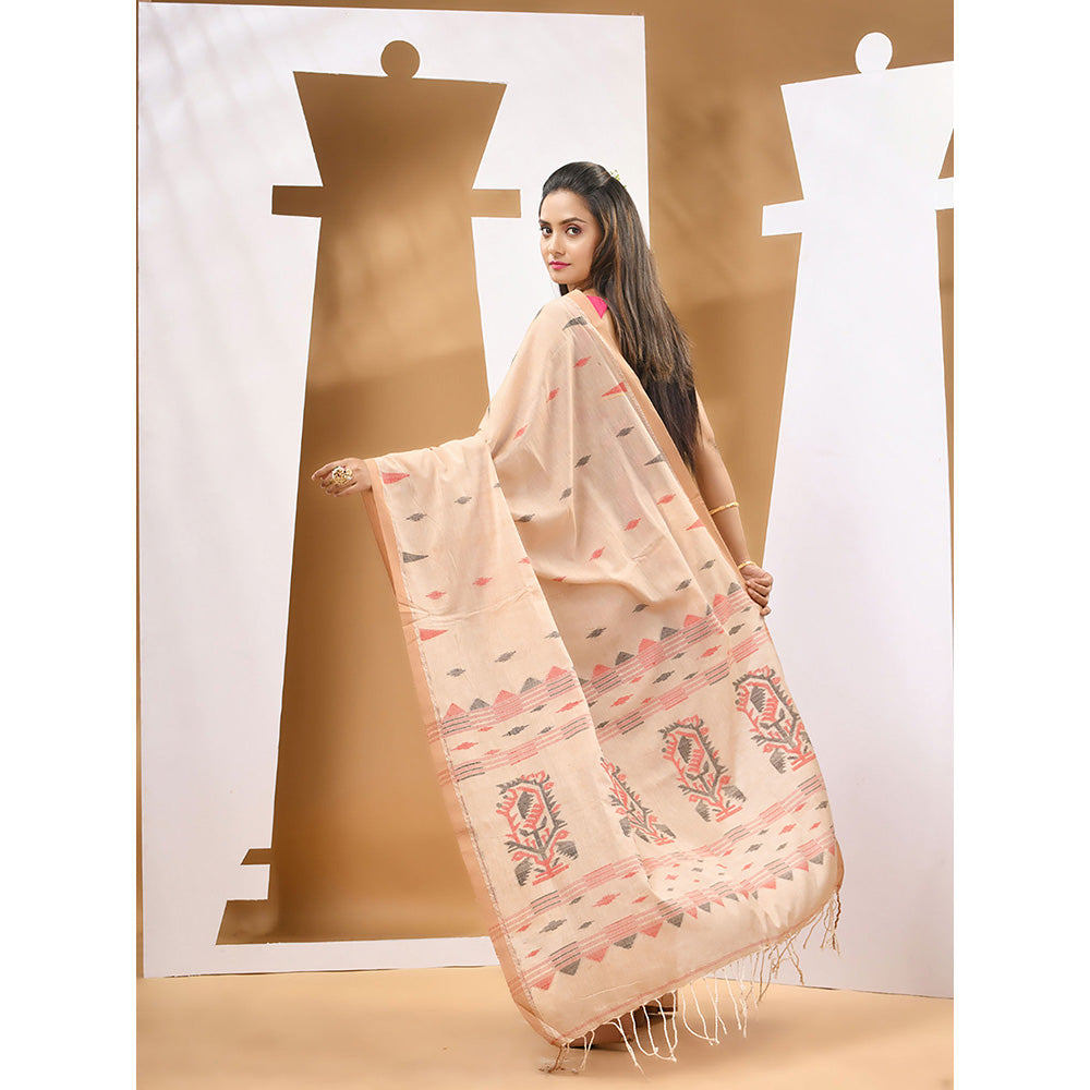 CHARUKRITI Beige Cotton Handwoven Woven Saree with Unstitched Blouse