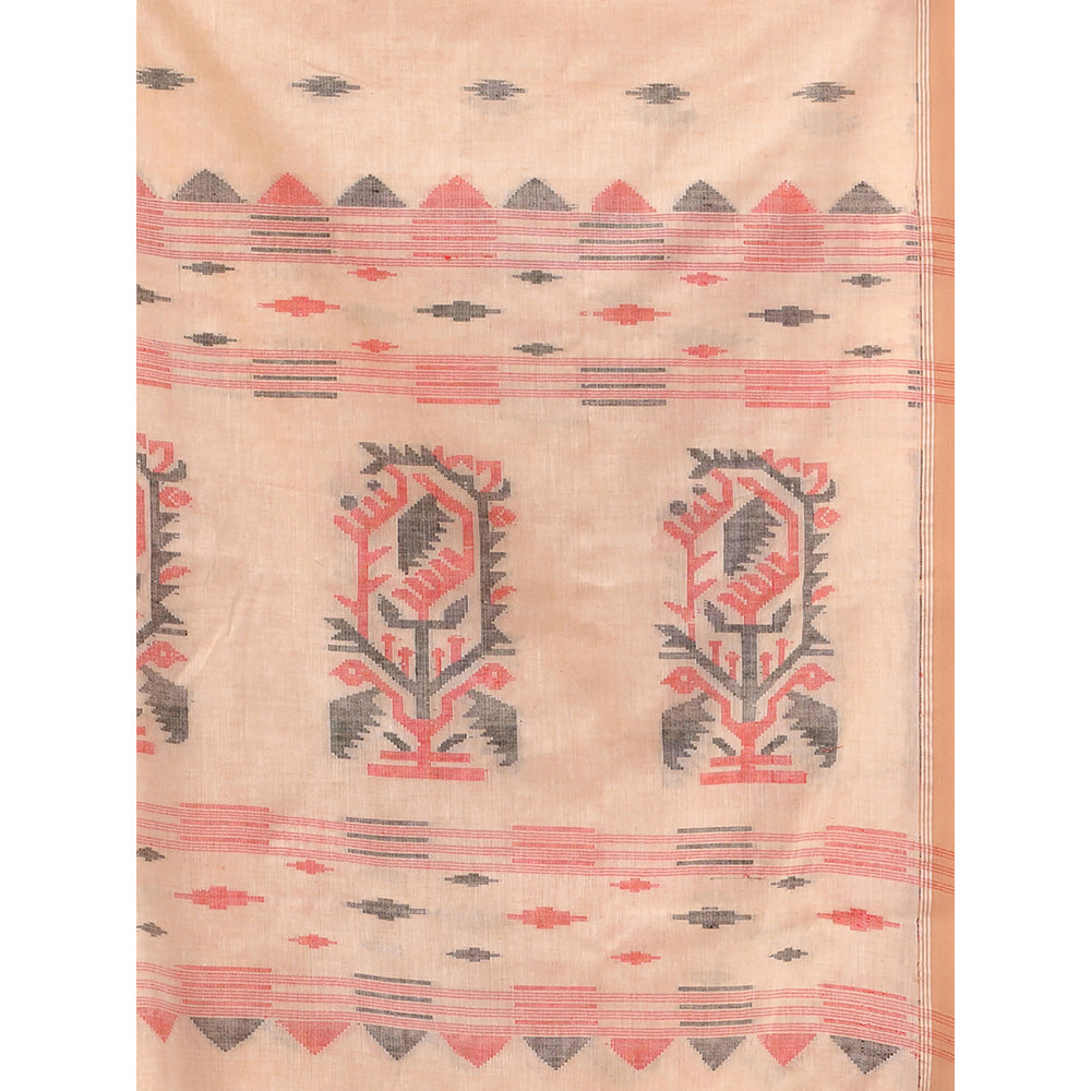 CHARUKRITI Beige Cotton Handwoven Woven Saree with Unstitched Blouse