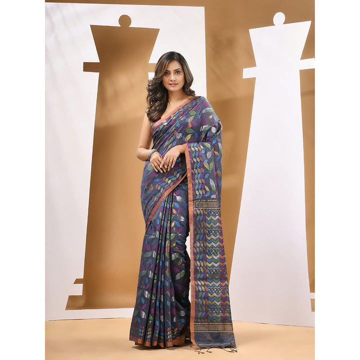 CHARUKRITI Blue Cotton Blend Handloom Woven Saree with Unstitched Blouse