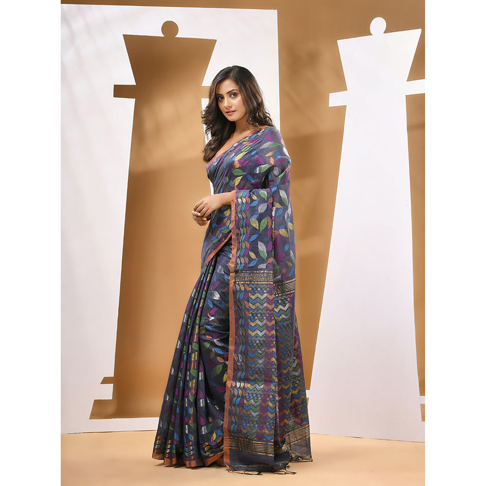 CHARUKRITI Blue Cotton Blend Handloom Woven Saree with Unstitched Blouse