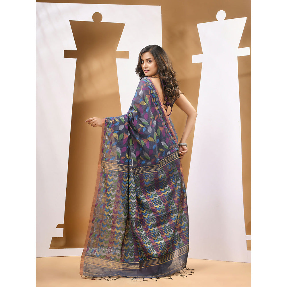 CHARUKRITI Blue Cotton Blend Handloom Woven Saree with Unstitched Blouse