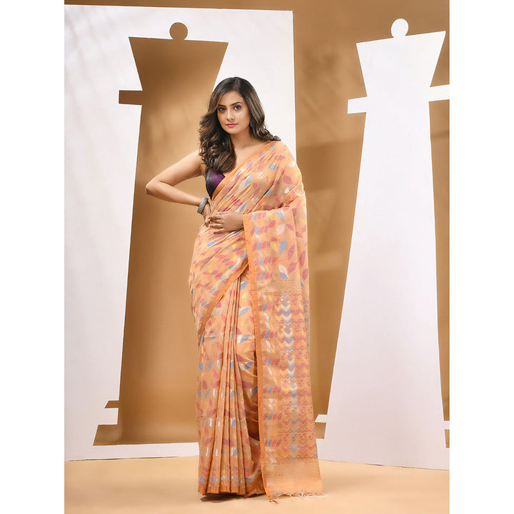 CHARUKRITI Peach Cotton Blend Handloom Woven Saree with Unstitched Blouse