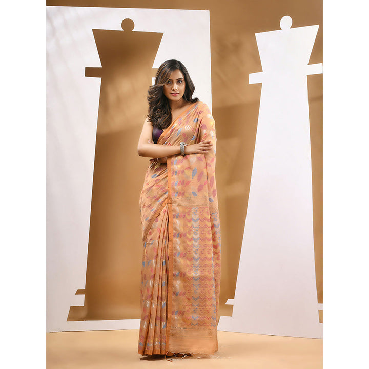 CHARUKRITI Peach Cotton Blend Handloom Woven Saree with Unstitched Blouse