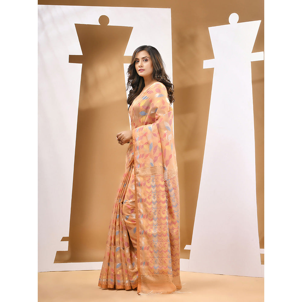 CHARUKRITI Peach Cotton Blend Handloom Woven Saree with Unstitched Blouse