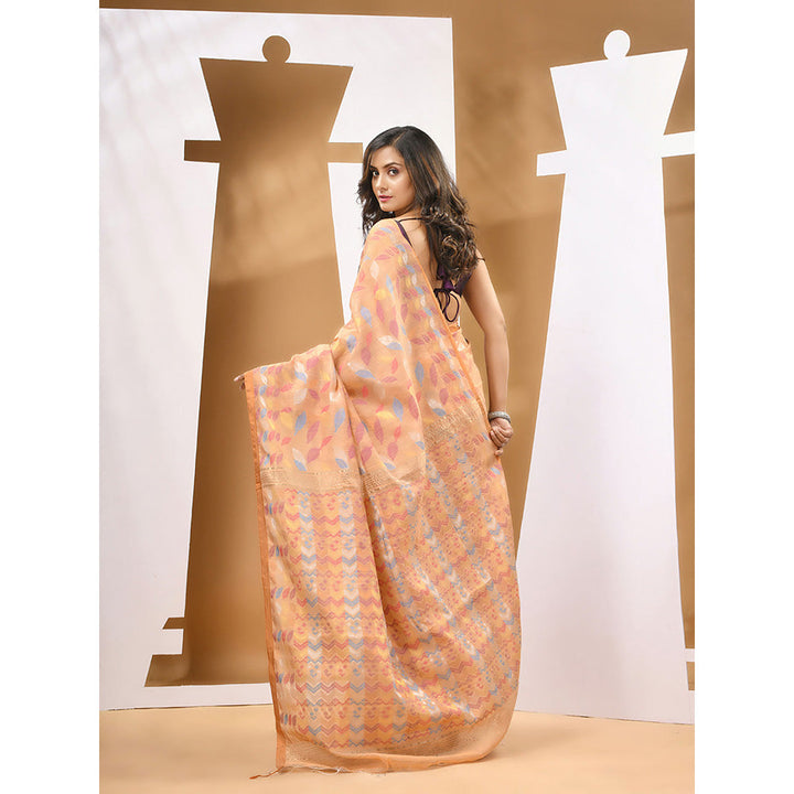 CHARUKRITI Peach Cotton Blend Handloom Woven Saree with Unstitched Blouse