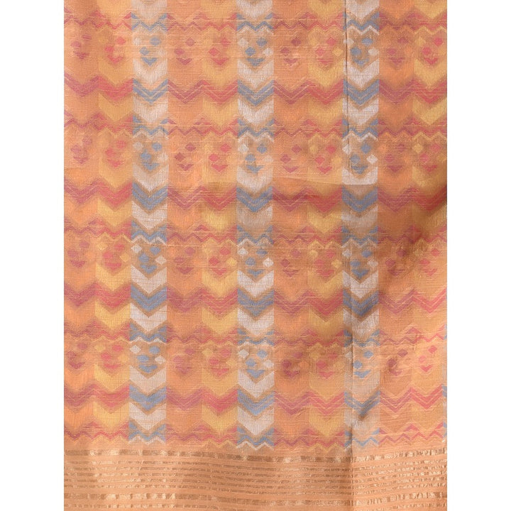 CHARUKRITI Peach Cotton Blend Handloom Woven Saree with Unstitched Blouse