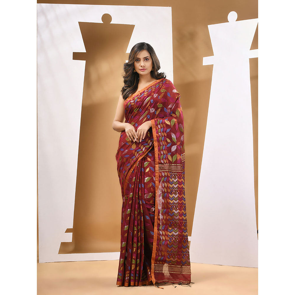 CHARUKRITI Dark Red Cotton Blend Handloom Woven Saree with Unstitched Blouse