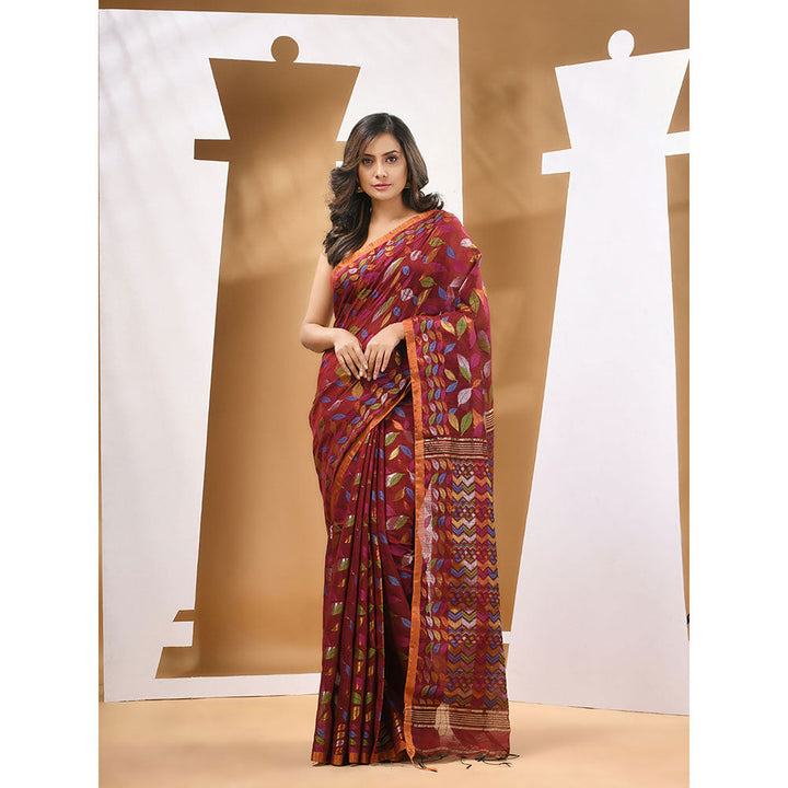 CHARUKRITI Dark Red Cotton Blend Handloom Woven Saree with Unstitched Blouse