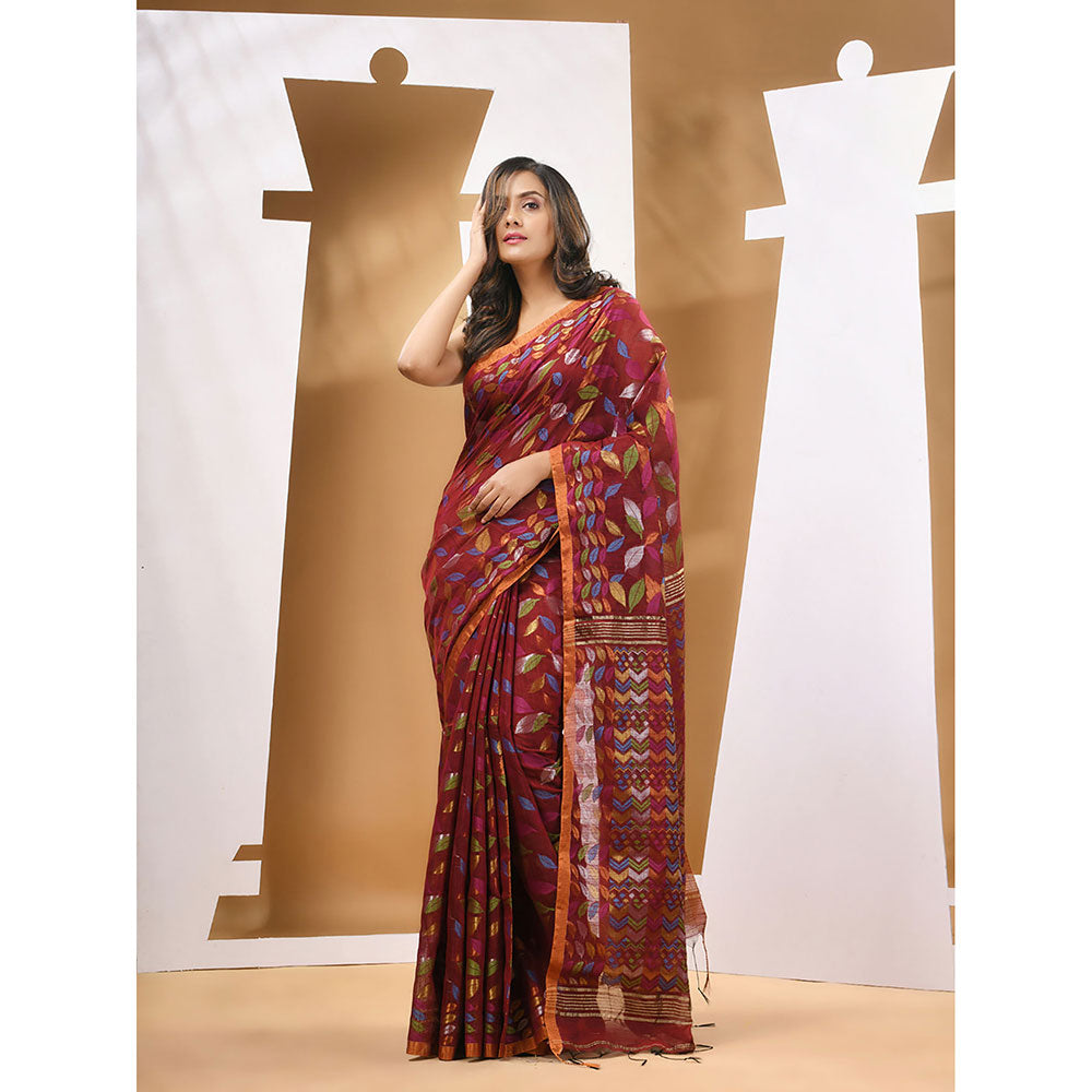 CHARUKRITI Dark Red Cotton Blend Handloom Woven Saree with Unstitched Blouse