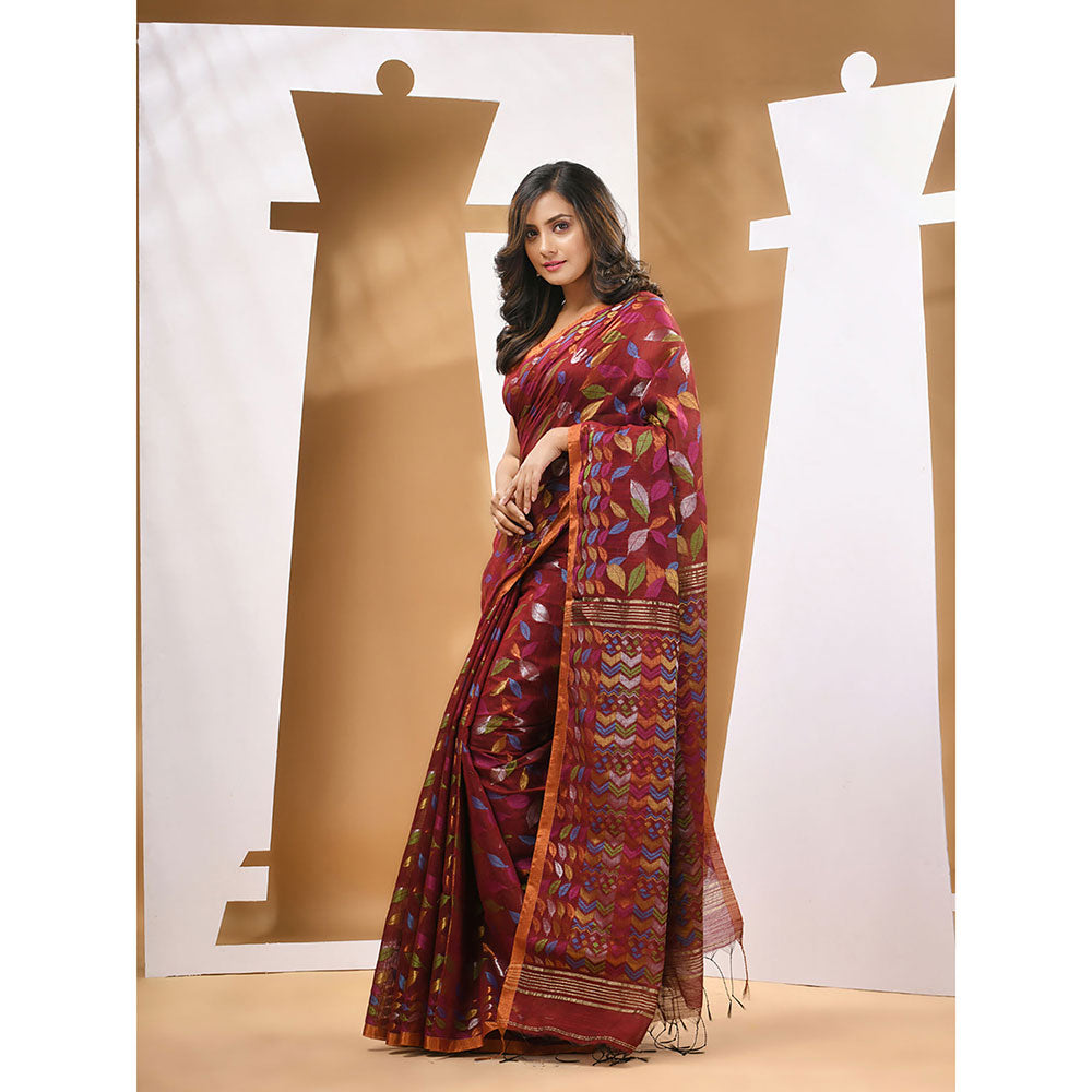 CHARUKRITI Dark Red Cotton Blend Handloom Woven Saree with Unstitched Blouse