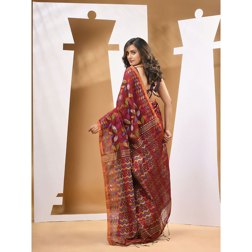 CHARUKRITI Dark Red Cotton Blend Handloom Woven Saree with Unstitched Blouse