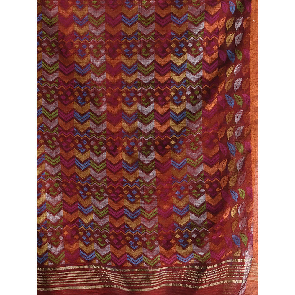 CHARUKRITI Dark Red Cotton Blend Handloom Woven Saree with Unstitched Blouse