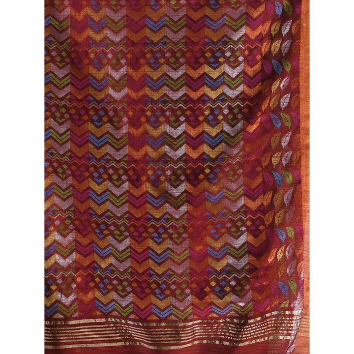 CHARUKRITI Dark Red Cotton Blend Handloom Woven Saree with Unstitched Blouse