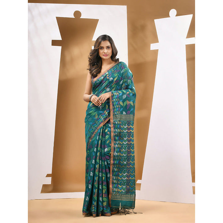 CHARUKRITI Teal Green Cotton Blend Handloom Woven Saree with Unstitched Blouse