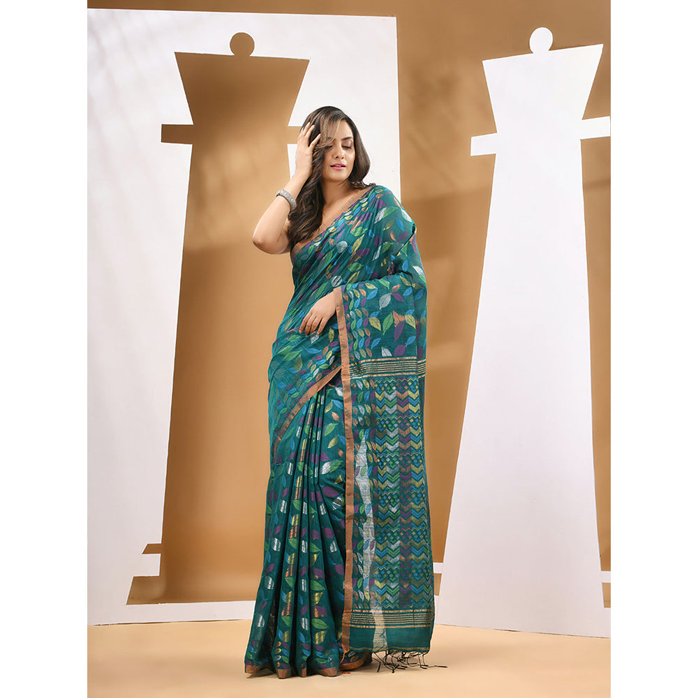 CHARUKRITI Teal Green Cotton Blend Handloom Woven Saree with Unstitched Blouse