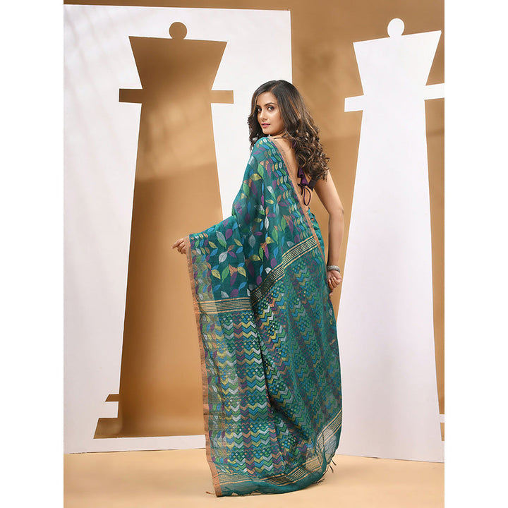 CHARUKRITI Teal Green Cotton Blend Handloom Woven Saree with Unstitched Blouse