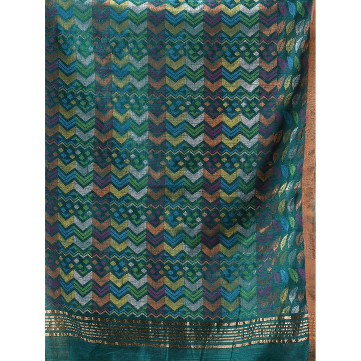 CHARUKRITI Teal Green Cotton Blend Handloom Woven Saree with Unstitched Blouse