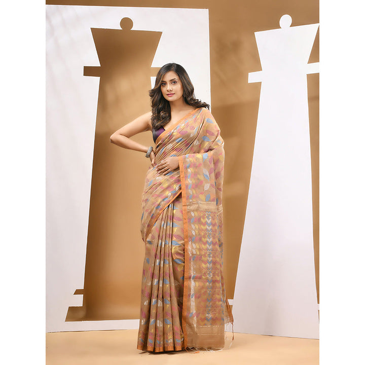 CHARUKRITI Dark Beige Cotton Blend Handloom Woven Saree with Unstitched Blouse