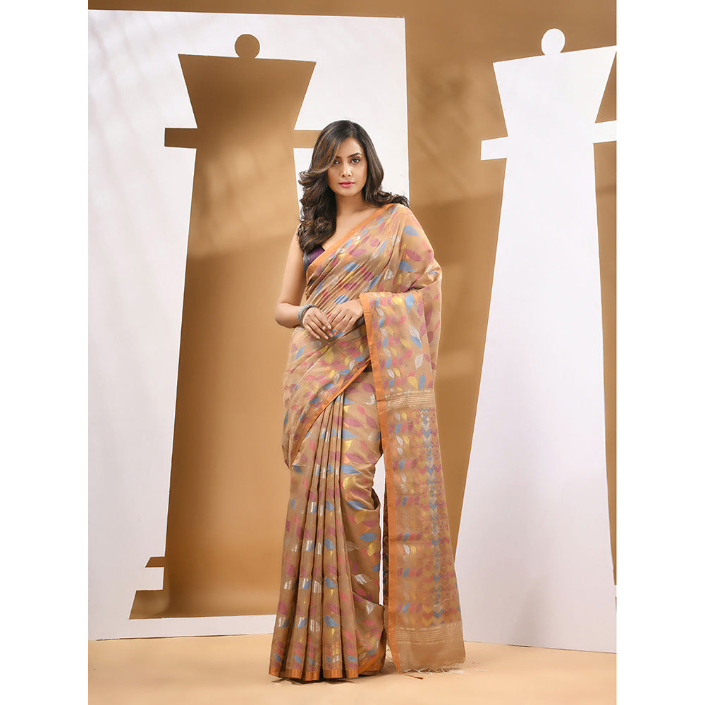 CHARUKRITI Dark Beige Cotton Blend Handloom Woven Saree with Unstitched Blouse