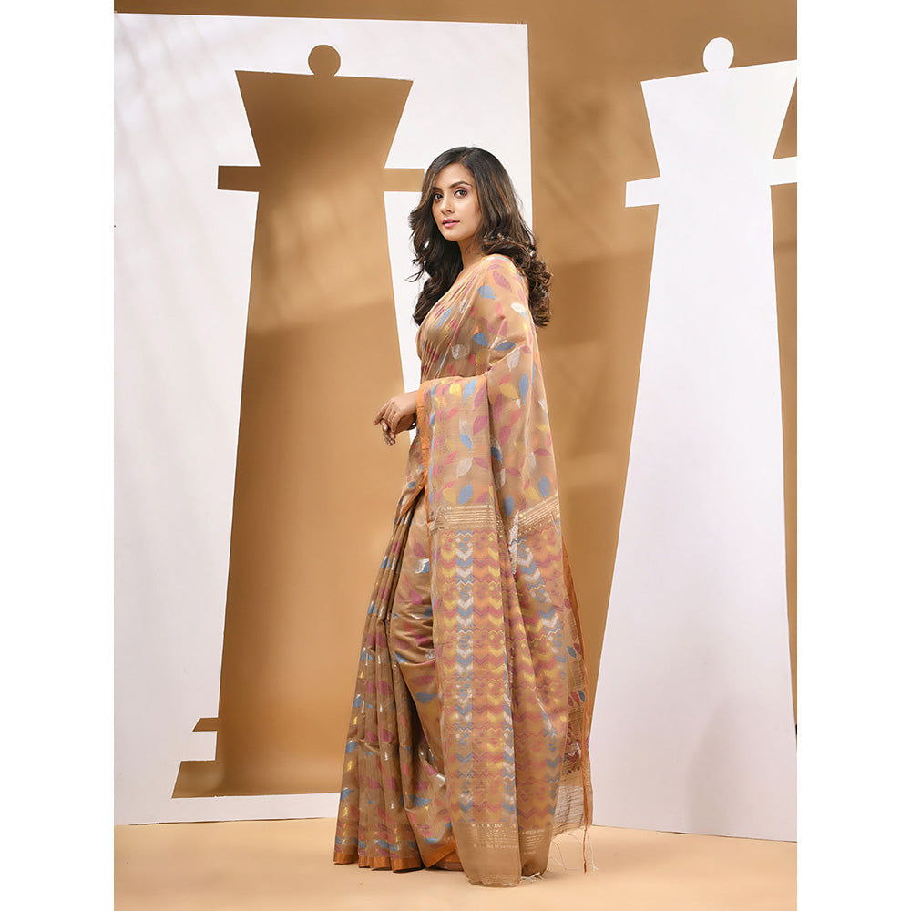 CHARUKRITI Dark Beige Cotton Blend Handloom Woven Saree with Unstitched Blouse