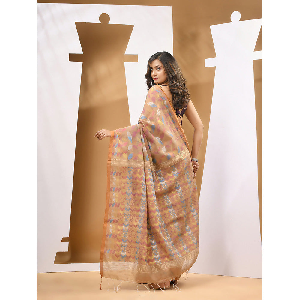 CHARUKRITI Dark Beige Cotton Blend Handloom Woven Saree with Unstitched Blouse