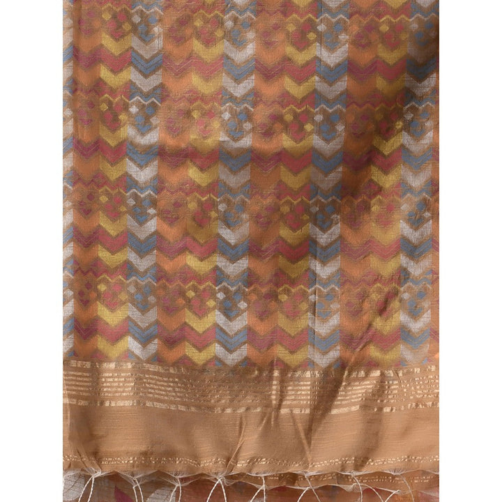 CHARUKRITI Dark Beige Cotton Blend Handloom Woven Saree with Unstitched Blouse