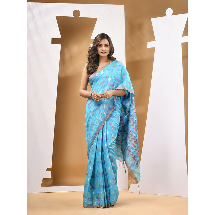 CHARUKRITI Sky Blue Cotton Blend Handloom Woven Saree with Unstitched Blouse