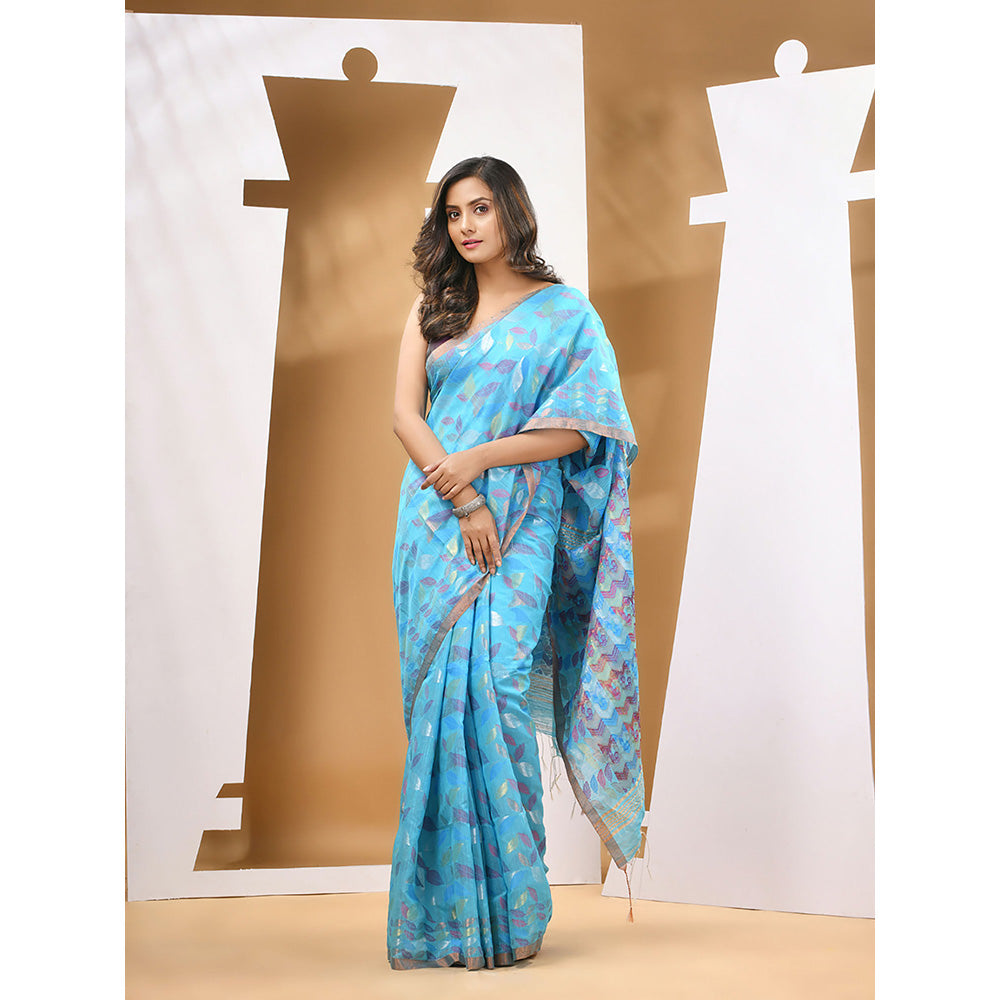 CHARUKRITI Sky Blue Cotton Blend Handloom Woven Saree with Unstitched Blouse