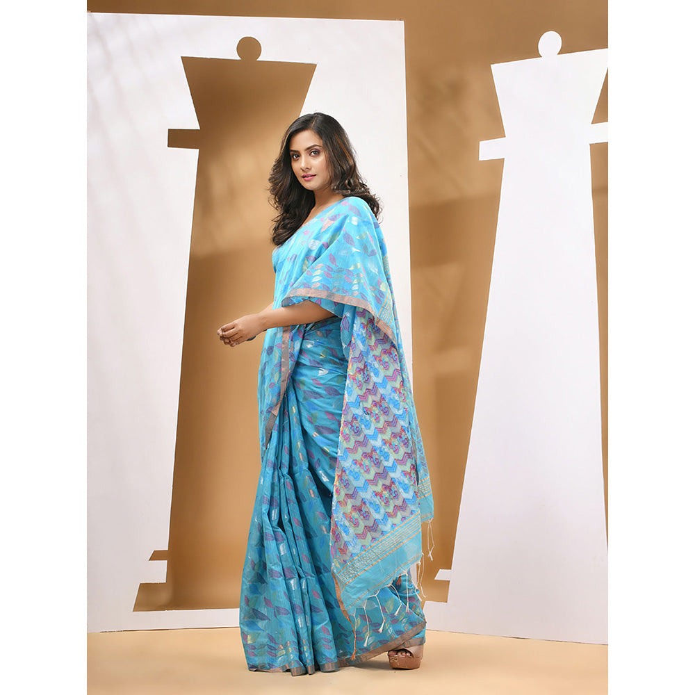 CHARUKRITI Sky Blue Cotton Blend Handloom Woven Saree with Unstitched Blouse