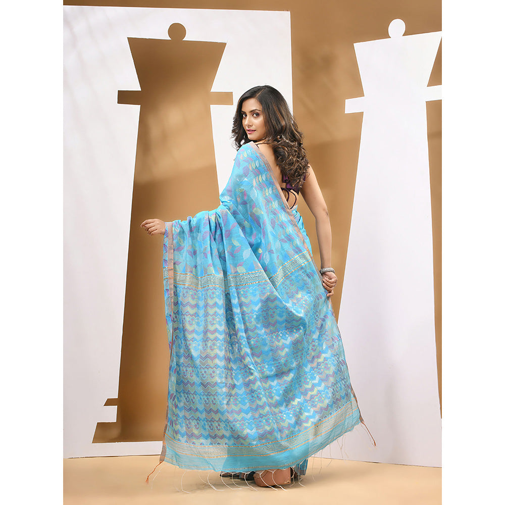 CHARUKRITI Sky Blue Cotton Blend Handloom Woven Saree with Unstitched Blouse