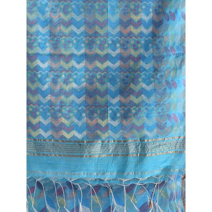 CHARUKRITI Sky Blue Cotton Blend Handloom Woven Saree with Unstitched Blouse