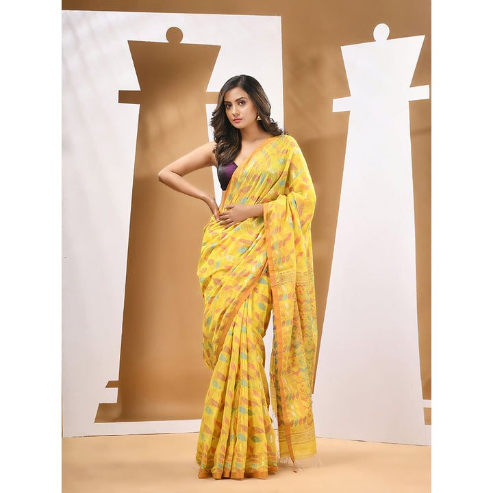 CHARUKRITI Yellow Cotton Blend Handloom Woven Saree with Unstitched Blouse